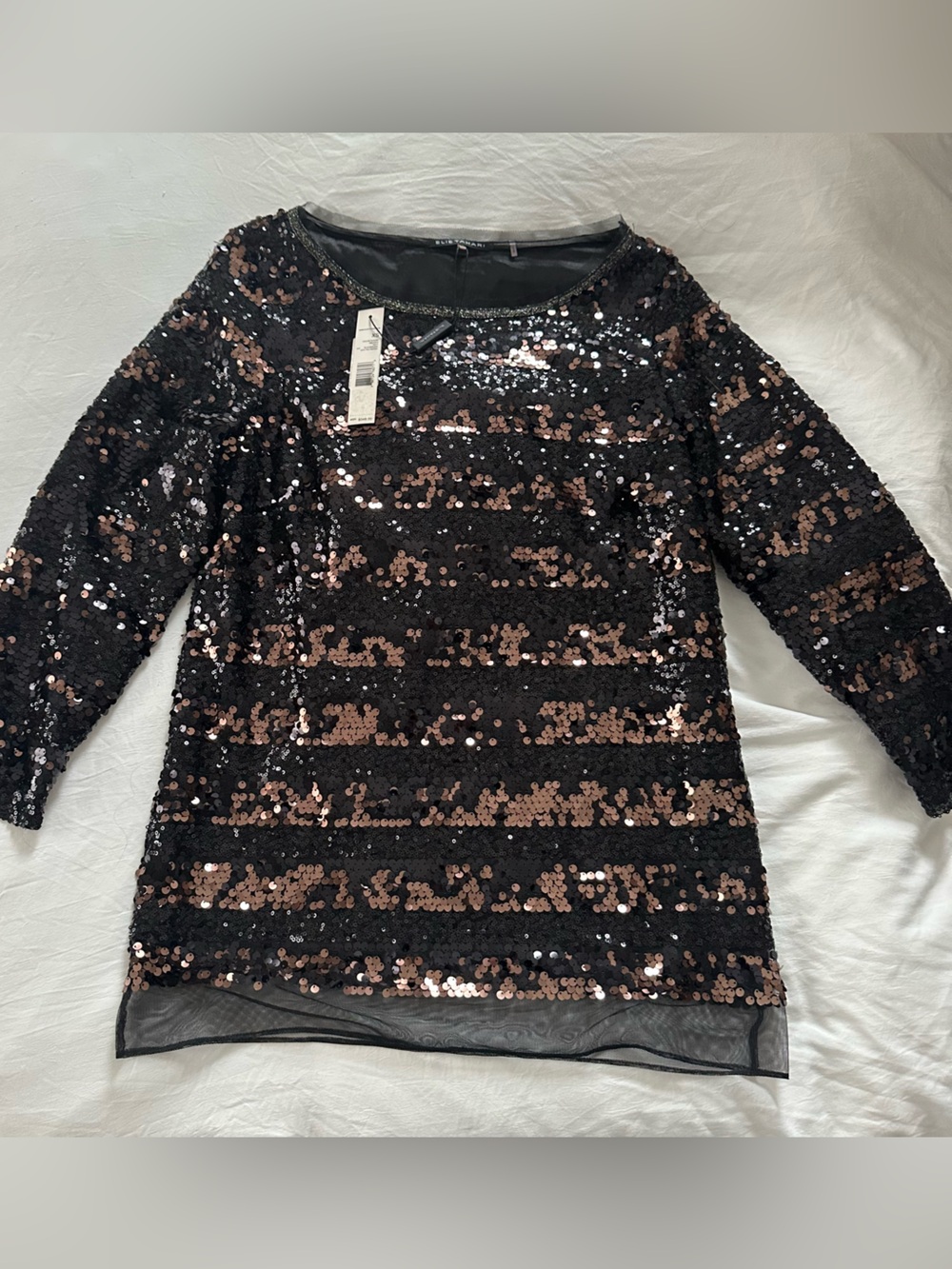 Elie Tahari Black and Rose Gold Sequin Stripe Womens Top